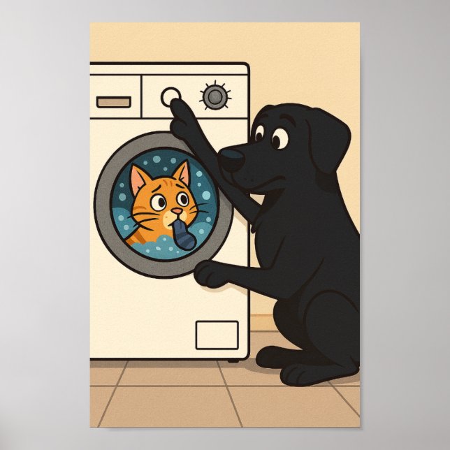Black Labrador and Cat Laundry Room Humor Poster  (Devant)