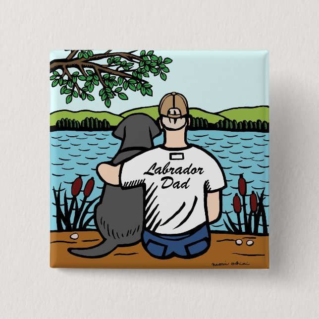 Black Labrador and Dad 2 Inch Square Button (Front)