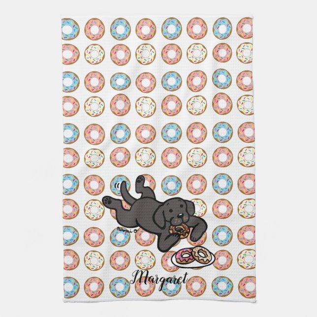 Black Labrador and Doughnuts Kitchen Towel (Vertical)