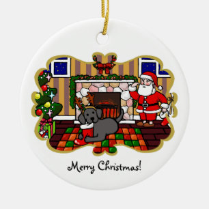 Black Labrador and Santa Christmas Cartoon Ceramic Ornament