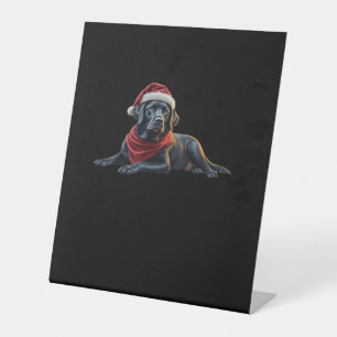 Black Labrador at Christmas in Santa Hat and Scarf Pedestal Sign