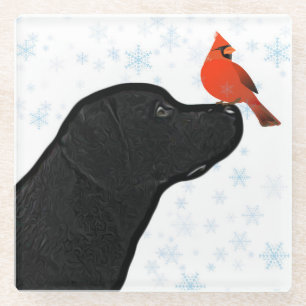 Black Labrador Christmas and Cardinal Glass Coaster