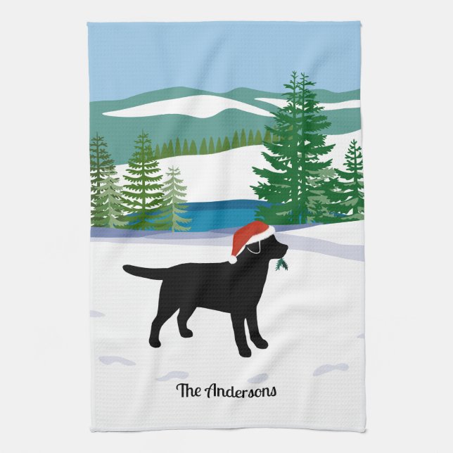 Black Labrador Christmas Evergreen Santa Hat Kitchen Towel (Vertical)