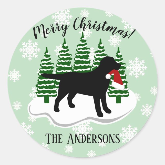 Black Labrador Christmas Evergreen Snowflakes Classic Round Sticker (Front)