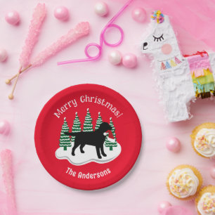 Black Labrador Christmas Evergreen Snowflakes Paper Plate