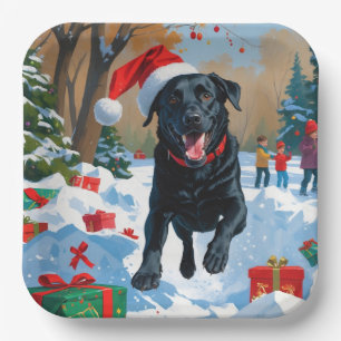 Black Labrador Christmas Festive Snow Scene Paper Plate