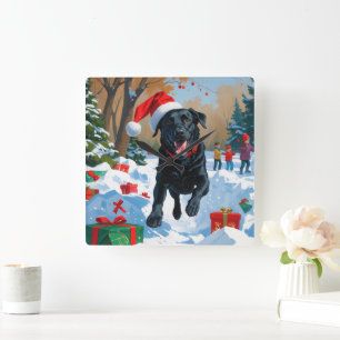 Black Labrador Christmas Festive Snow Scene Square Wall Clock
