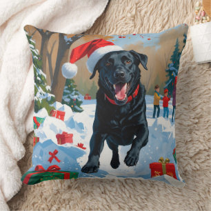 Black Labrador Christmas Festive Snow Scene  Throw Pillow