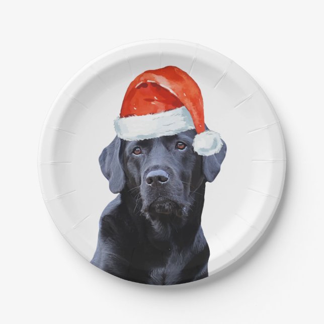 Black Labrador Christmas Holiday Cute Santa Dog Paper Plate (Front)