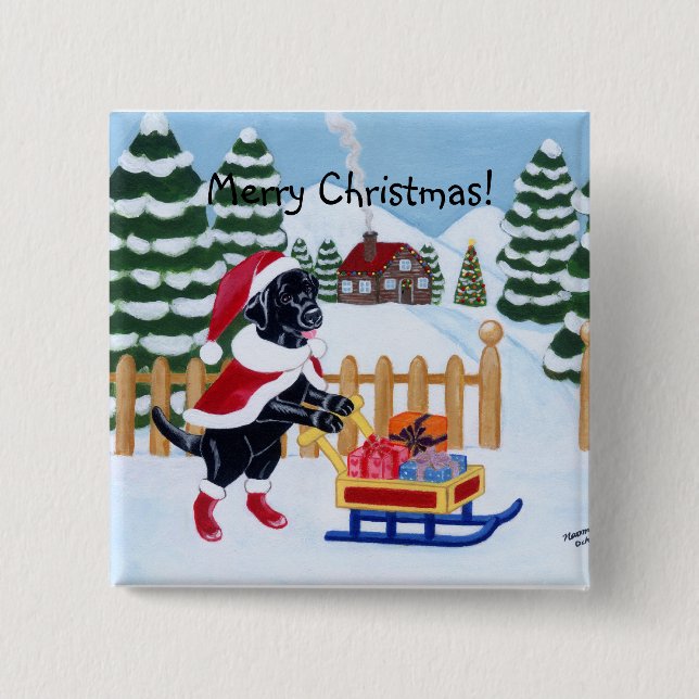 Black Labrador Christmas Santa 2 Inch Square Button (Front)