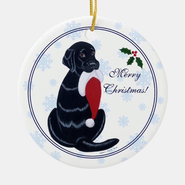 Black Labrador Christmas Santa Hat Snowflake Ceramic Ornament (Front)