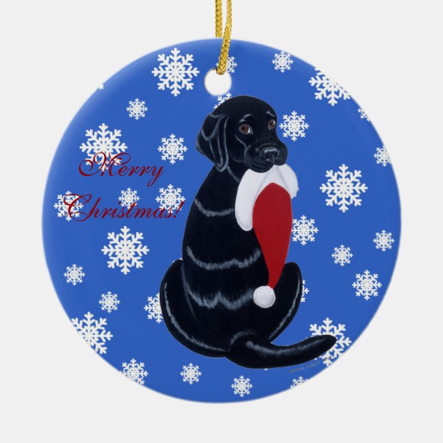 Black Labrador Christmas Santa Hat Snowflake Ceramic Ornament (Front)