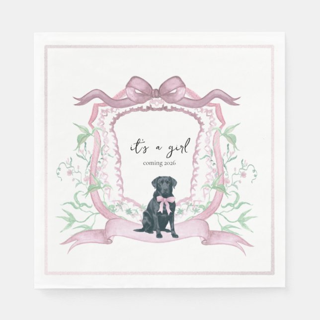 Black Labrador Coquette Pink Customizable Crest  Napkin (Front)