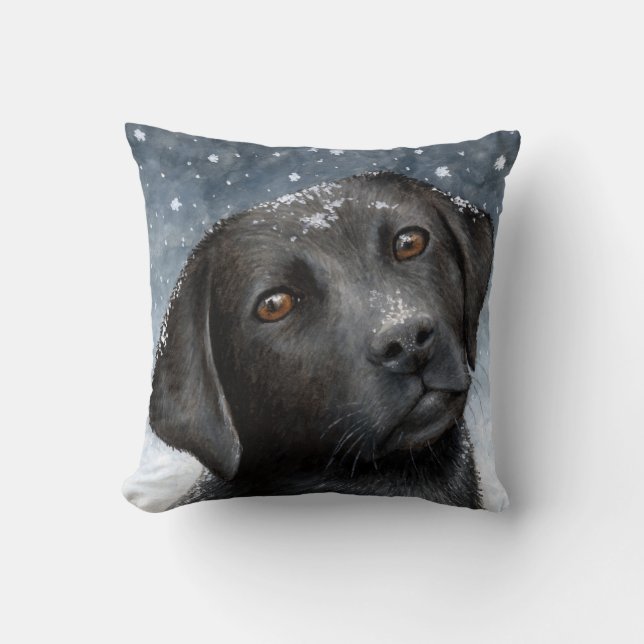 Black Labrador Dog 100 blue winter Throw Pillow (Front)