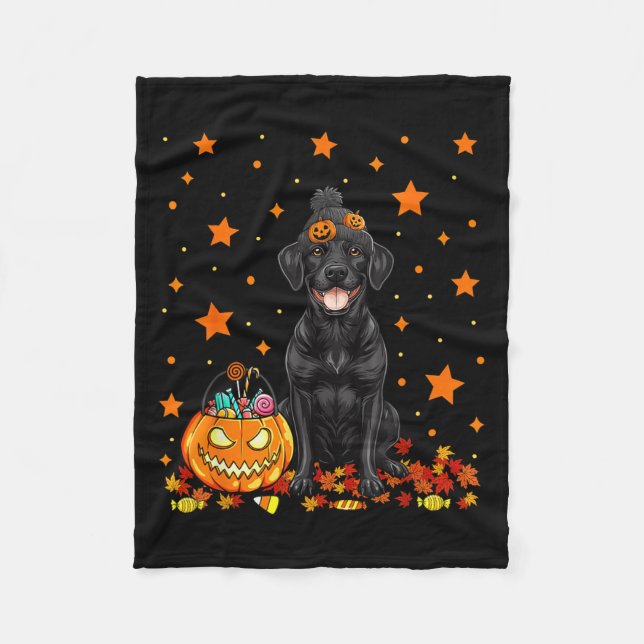 Black Labrador Dog And Pumpkin Candy Funny Fleece Blanket (Front)