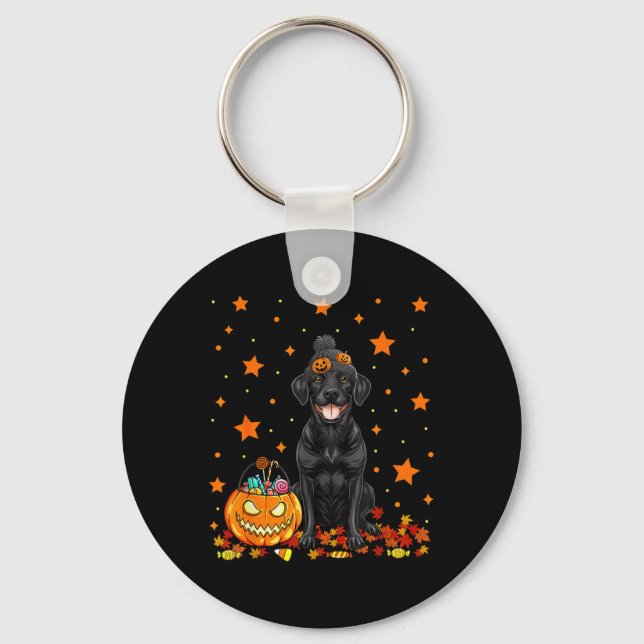 Black Labrador Dog And Pumpkin Candy Funny Keychain (Front)