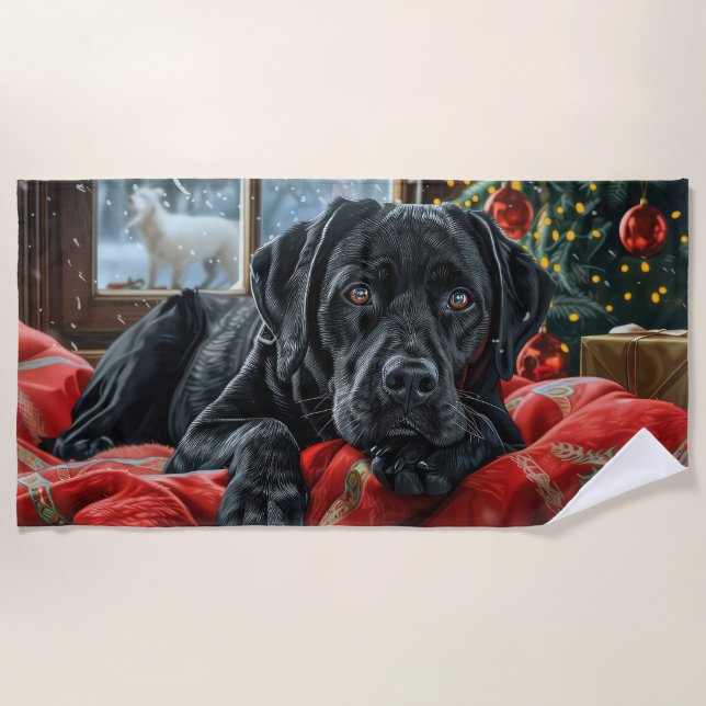 Black Labrador Dog Christmas Festive Beach Towel (Front)