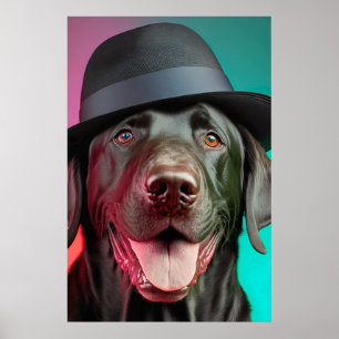 Black Labrador Dog in Fedora Hat Colorful Vibrant Poster