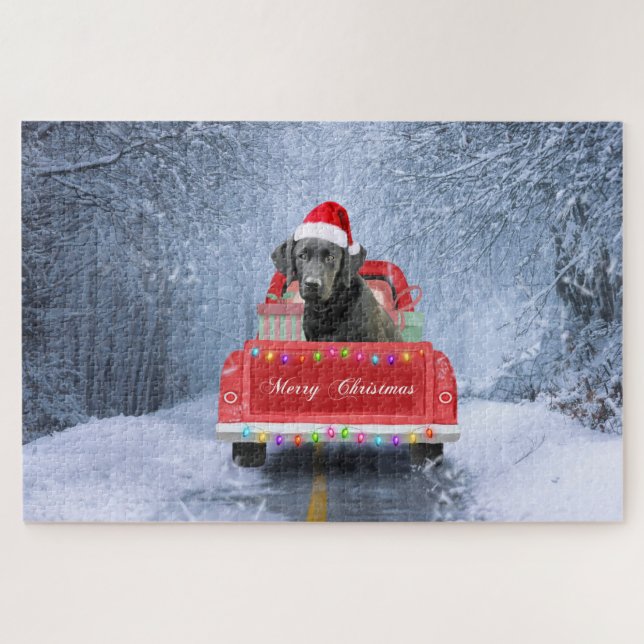Black Labrador Dog in Snow sitting in Christmas  Jigsaw Puzzle (Horizontal)
