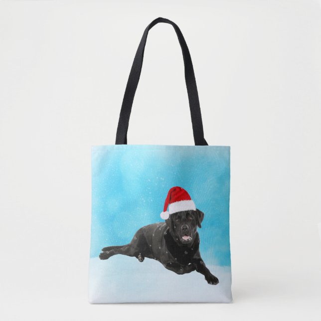 Black Labrador Dog Sitting in Snow Christmas Tote Bag (Front)