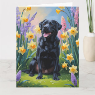Black Labrador Dog Spring Flowers Painting Card