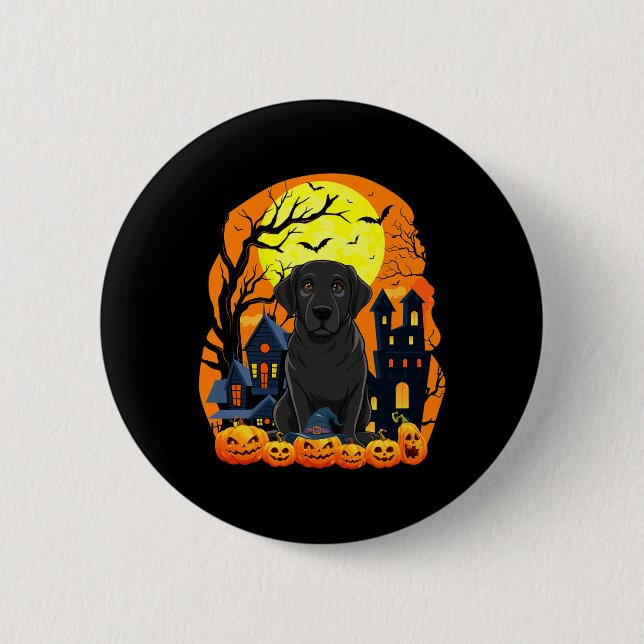 Black Labrador Dog With Pumpkins Funny Scary 2 Inch Round Button (Front)