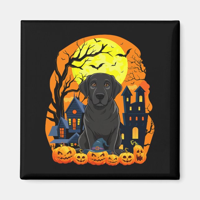 Black Labrador Dog With Pumpkins Funny Scary Magnet (Front)