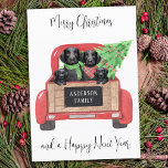 Black Labrador Dogs Red Truck Merry Christmas  Card<br><div class="desc">Send christmas greetings this holiday season with this black labrador retriever dogs in a watercolor design. This black labrador holiday card features four labrador pups in a watercolor red christmas truck with holiday tree. Personalize with greeting front adn message back.. This black labrador christmas card will be a favourite among...</div>