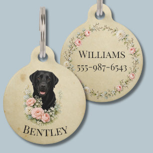 Black Labrador Floral Portrait Pet Tag