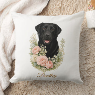 Black Labrador Floral Portrait Throw Pillow