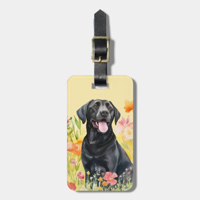 Black Labrador Flower Luggage Tag (Front Vertical)