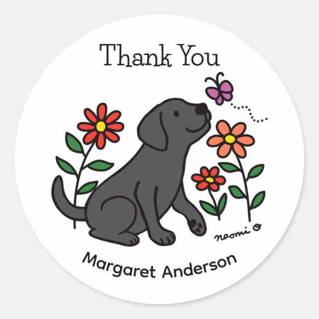 Black Labrador Flowers Cartoon Classic Round Sticker (Front)
