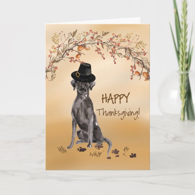 Black Labrador Funny Pilgrim Hat Thanksgiving Card (Front)