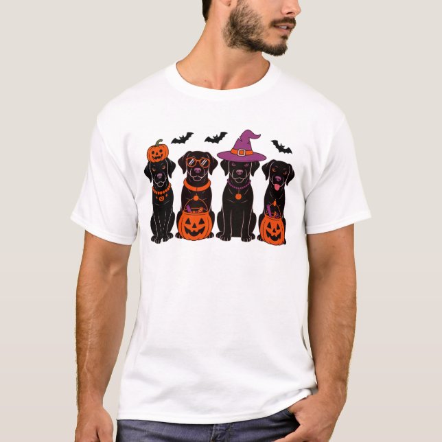 Black Labrador Halloween Pumpkins Bats And Witch  T-Shirt (Front)
