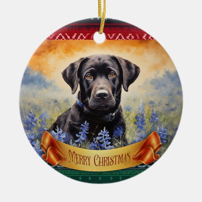Black Labrador in Bluebonnets Ceramic Ornament (Front)