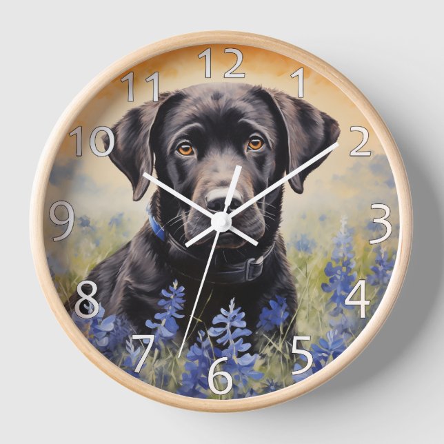 Black Labrador in Bluebonnets Clock (Front)