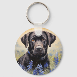 Black Labrador in Bluebonnets Keychain