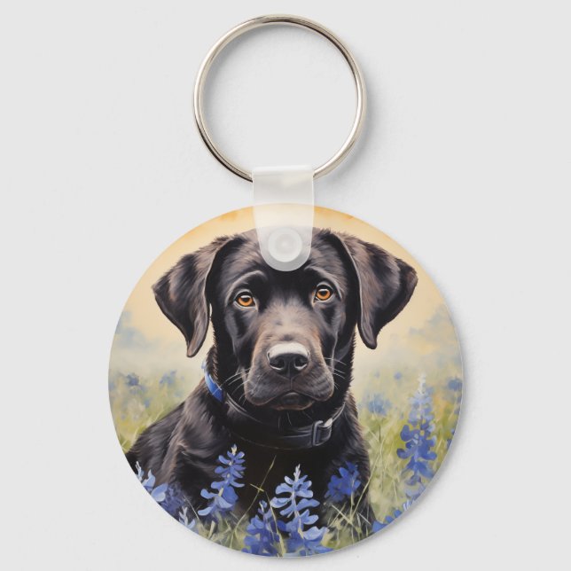Black Labrador in Bluebonnets Keychain (Front)