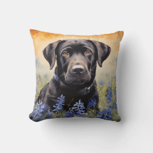 Black Labrador in Bluebonnets Throw Pillow