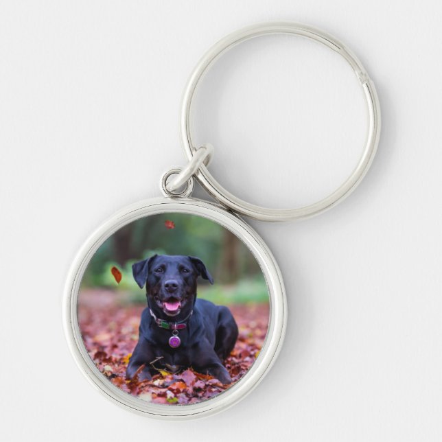Black Labrador In Fall Leaves Keychain (Front)