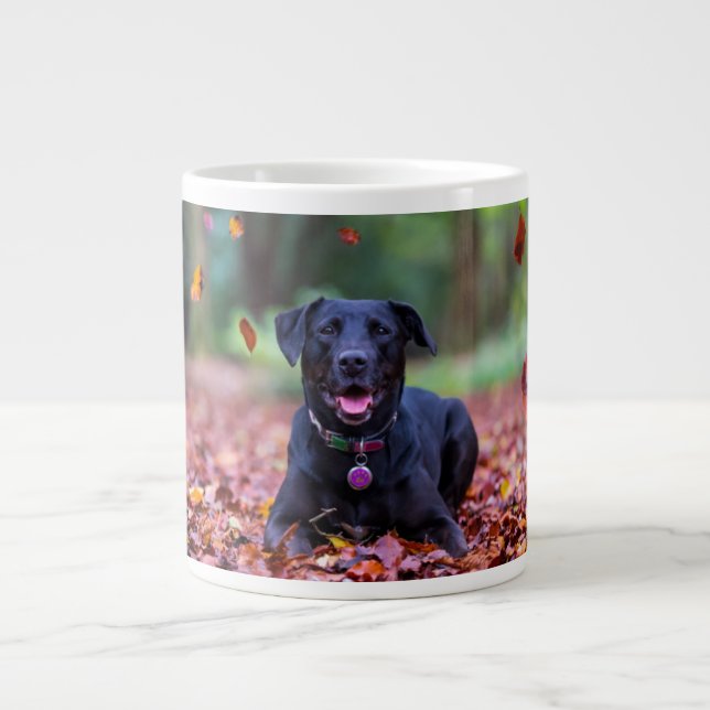 Black Labrador In Fall Leaves Large Coffee Mug (Front)