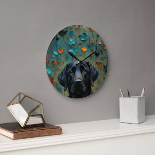Black Labrador in Leaves Large Clock