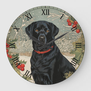 Black Labrador in Winter Large Clock
