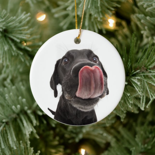 Black Labrador Licking Its Nose Ceramic Ornament (Tree)