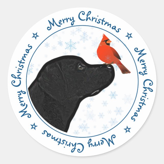 Black Labrador Merry Christmas Cardinal Cute Dog Classic Round Sticker (Front)