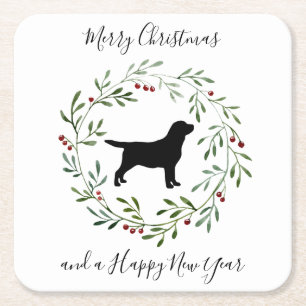 Black Labrador Merry Christmas Retriever Dog Square Paper Coaster