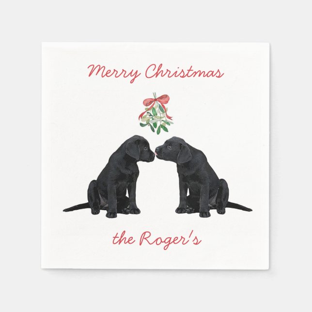 Black Labrador Mistletoe Cute Dog Puppy Napkin (Front)