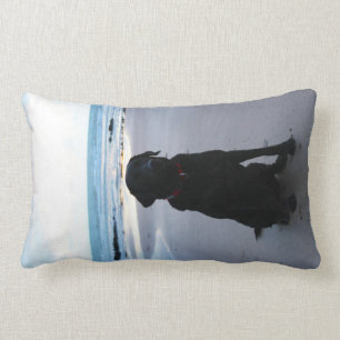 Black Labrador on a beach Lumbar Pillow