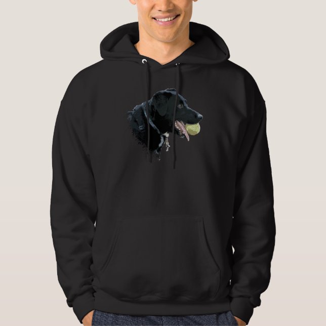Black Labrador On Beach With A Tennis Ball Hoodie (Front)