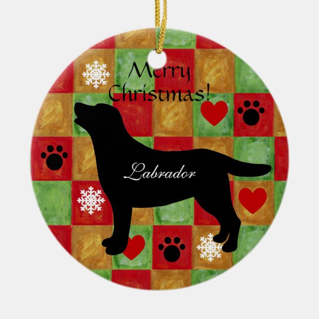Black Labrador Outline Mosaic and Hearts Ceramic Ornament (Front)